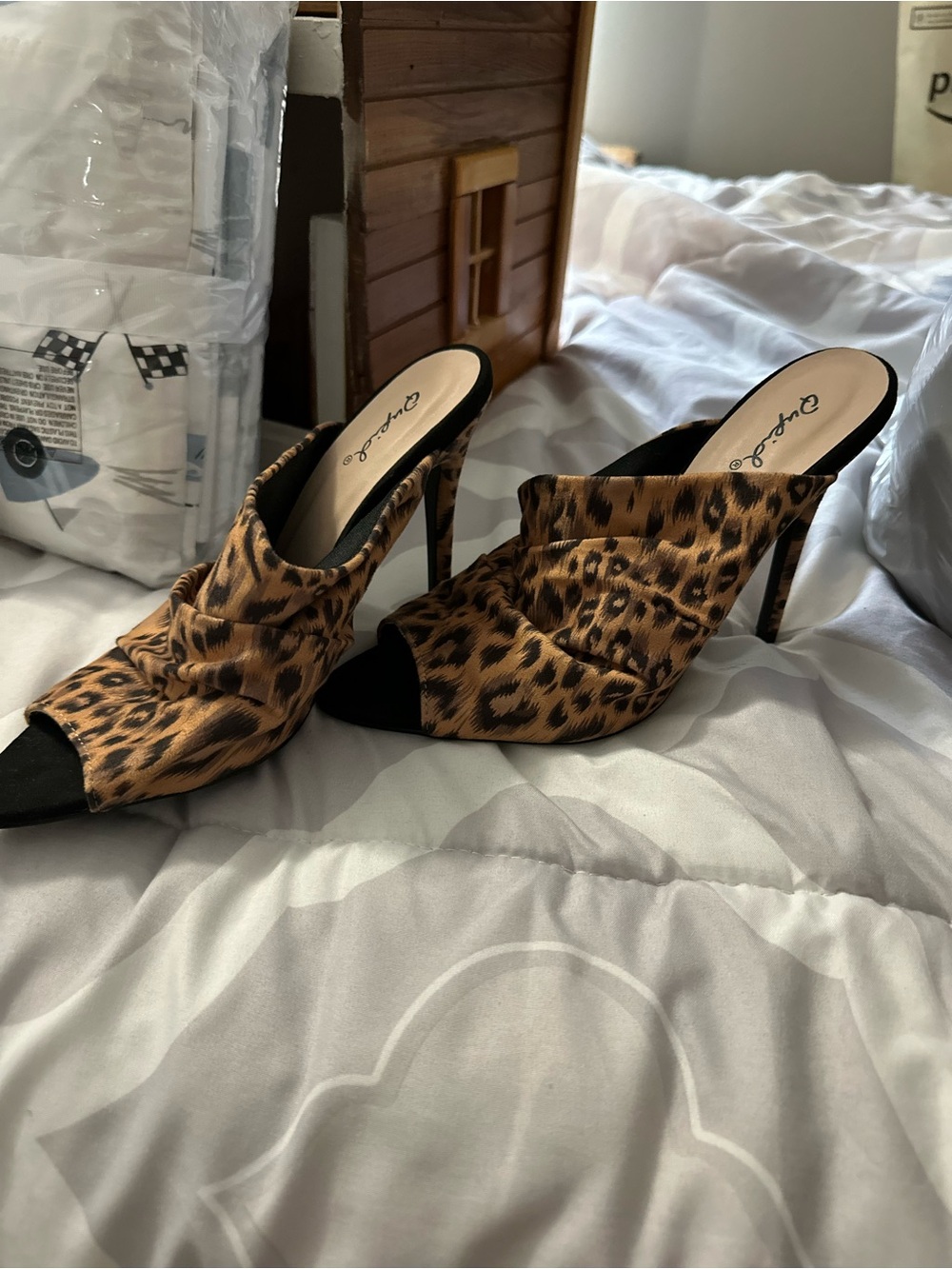 Qupid Leopard Print Open-Toe Mule Heels in Brown and Black
